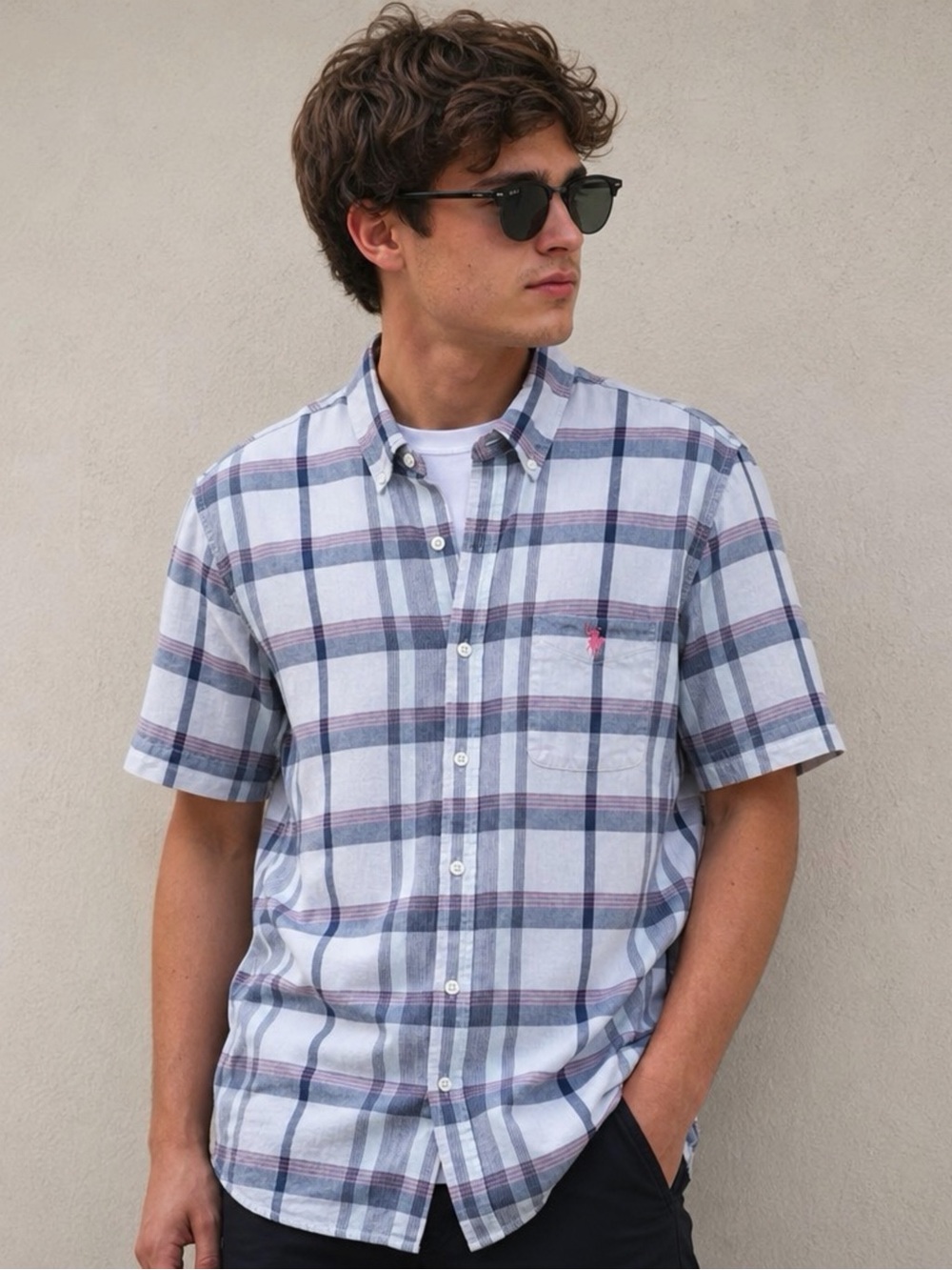 US Polo Assn Men's Short Sleeve Button Down Plaid Shirt 100% Cotton Size L